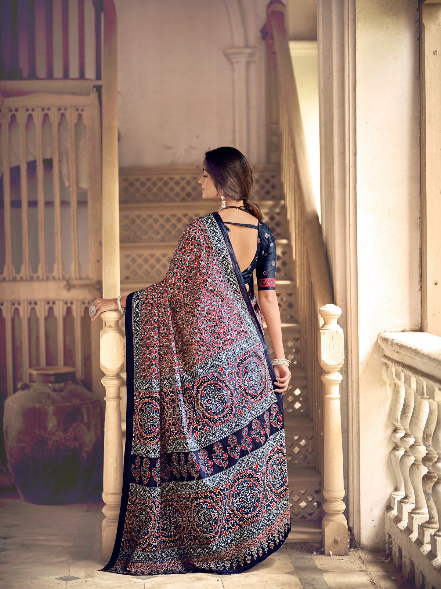 Dharma - Ajrakh Print Pure Mul Cotton Saree With Blouse