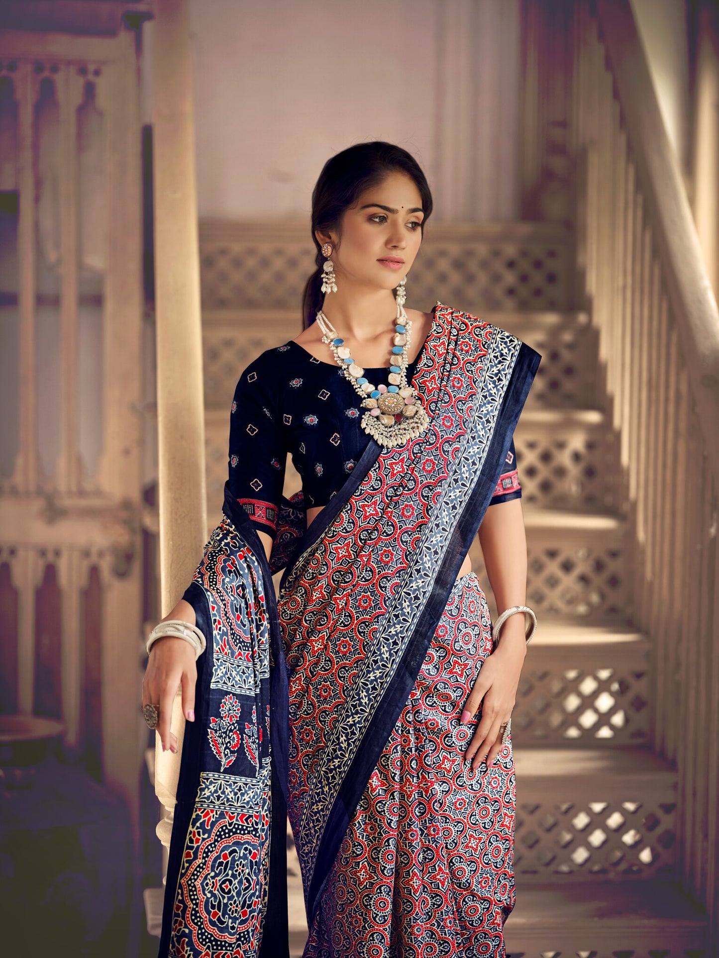 Dharma - Ajrakh Print Pure Mul Cotton Saree With Blouse