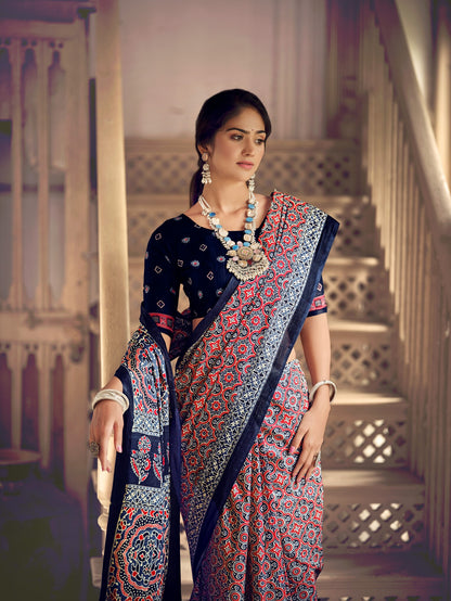 Dharma - Ajrakh Print Pure Mul Cotton Saree With Blouse