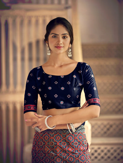 Dharma - Ajrakh Print Pure Mul Cotton Saree With Blouse