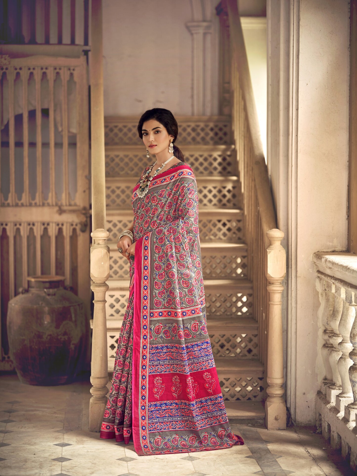 Dharma - Ajrakh Print Pure Mul Cotton Saree With Blouse