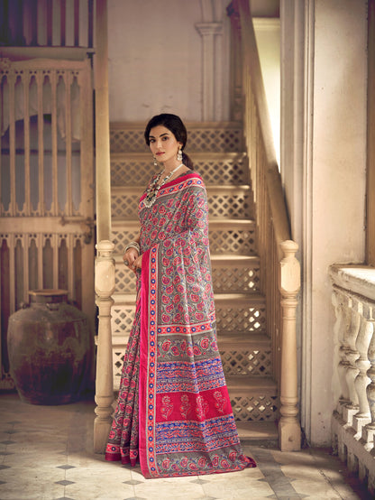 Dharma - Ajrakh Print Pure Mul Cotton Saree With Blouse