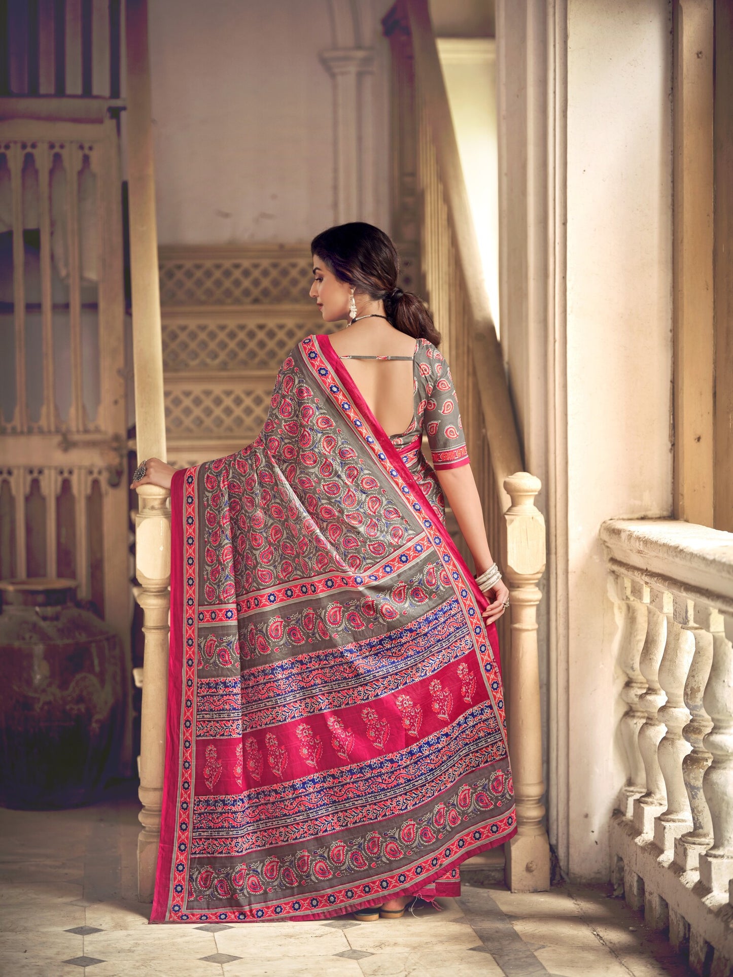 Dharma - Ajrakh Print Pure Mul Cotton Saree With Blouse