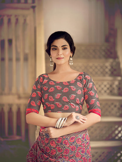 Dharma - Ajrakh Print Pure Mul Cotton Saree With Blouse