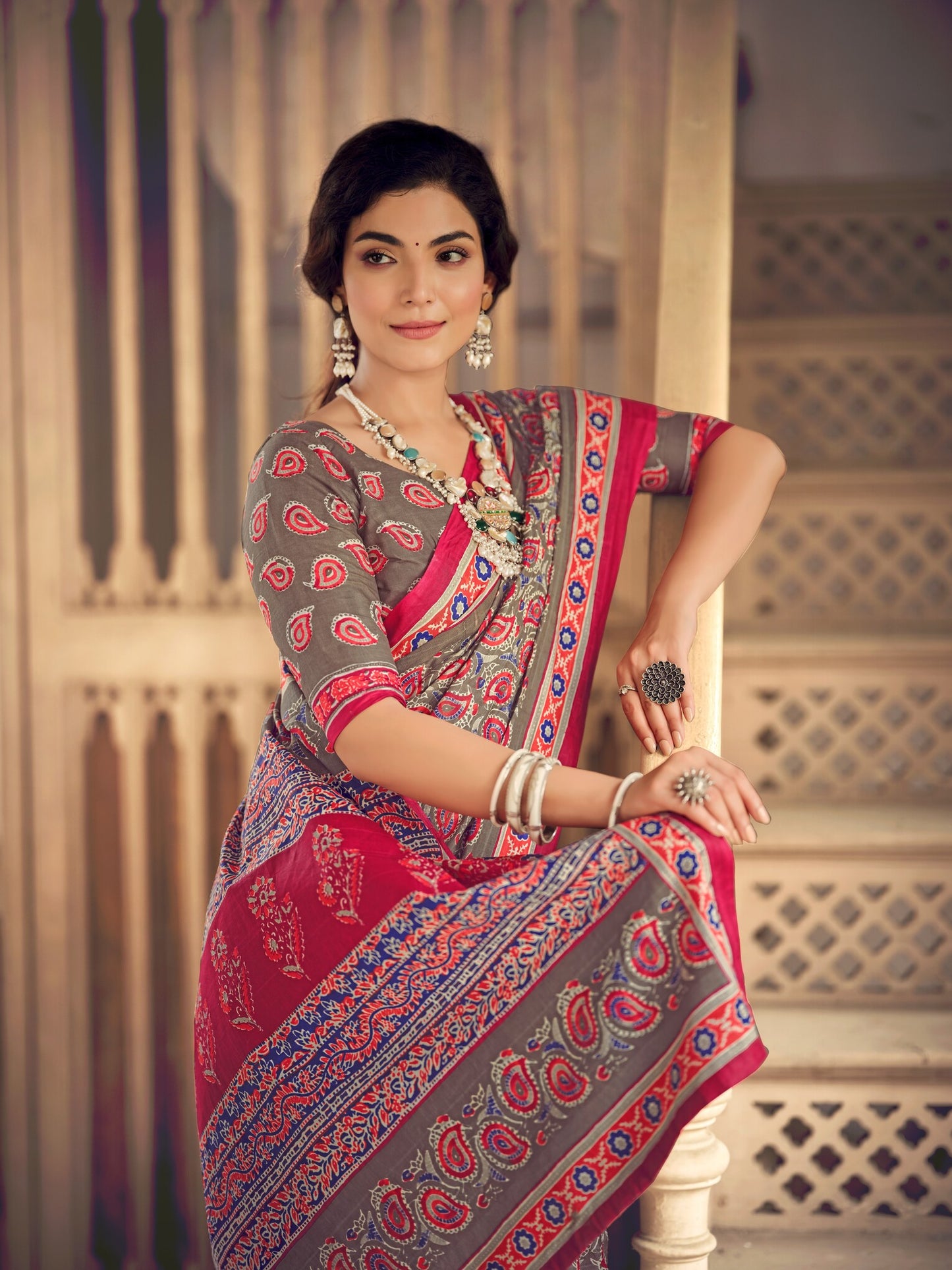 Dharma - Ajrakh Print Pure Mul Cotton Saree With Blouse