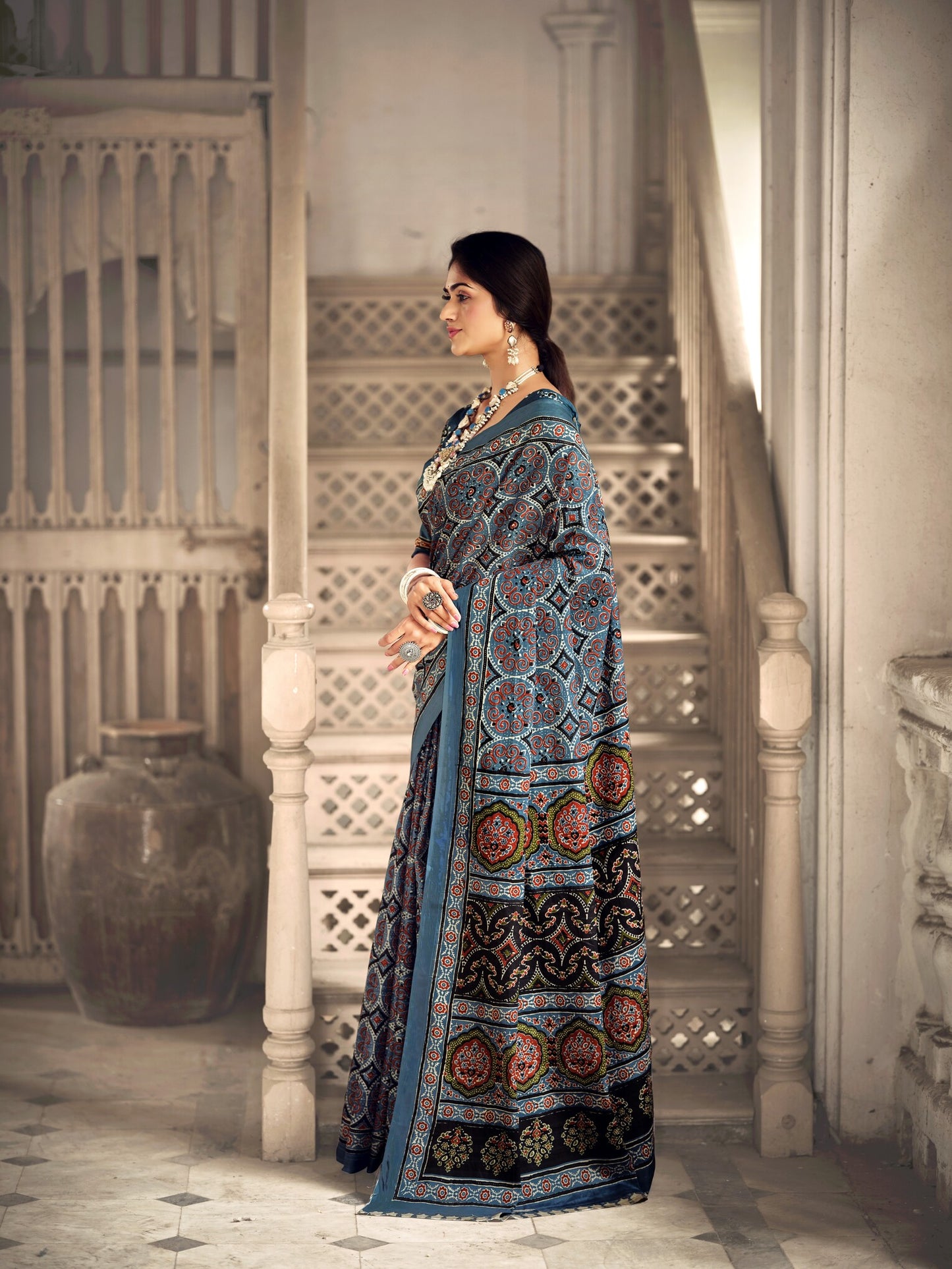 Dharma - Ajrakh Print Pure Mul Cotton Saree With Blouse