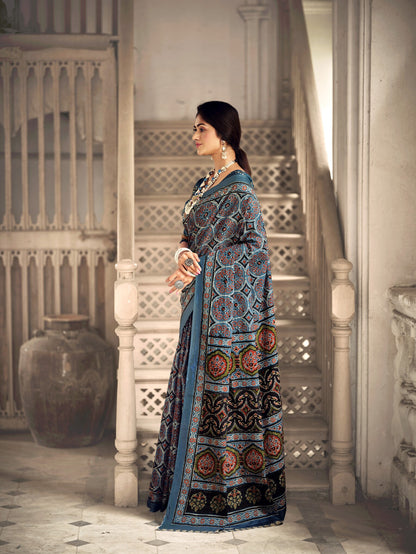 Dharma - Ajrakh Print Pure Mul Cotton Saree With Blouse