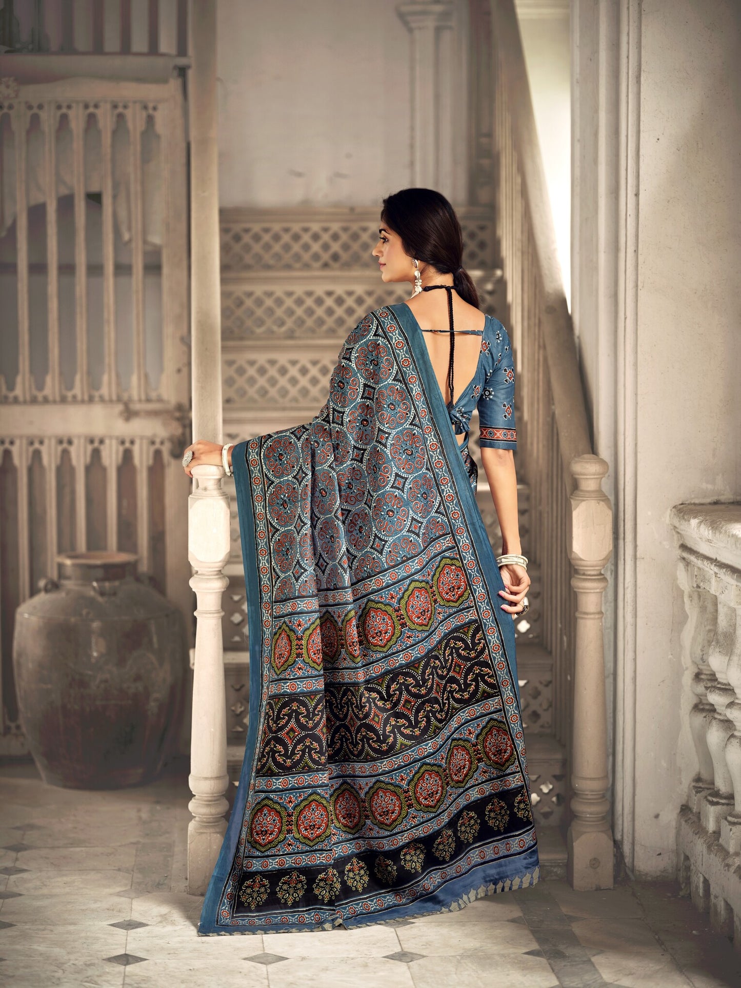 Dharma - Ajrakh Print Pure Mul Cotton Saree With Blouse