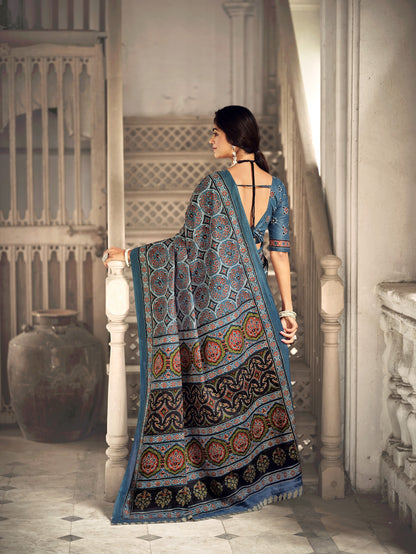 Dharma - Ajrakh Print Pure Mul Cotton Saree With Blouse