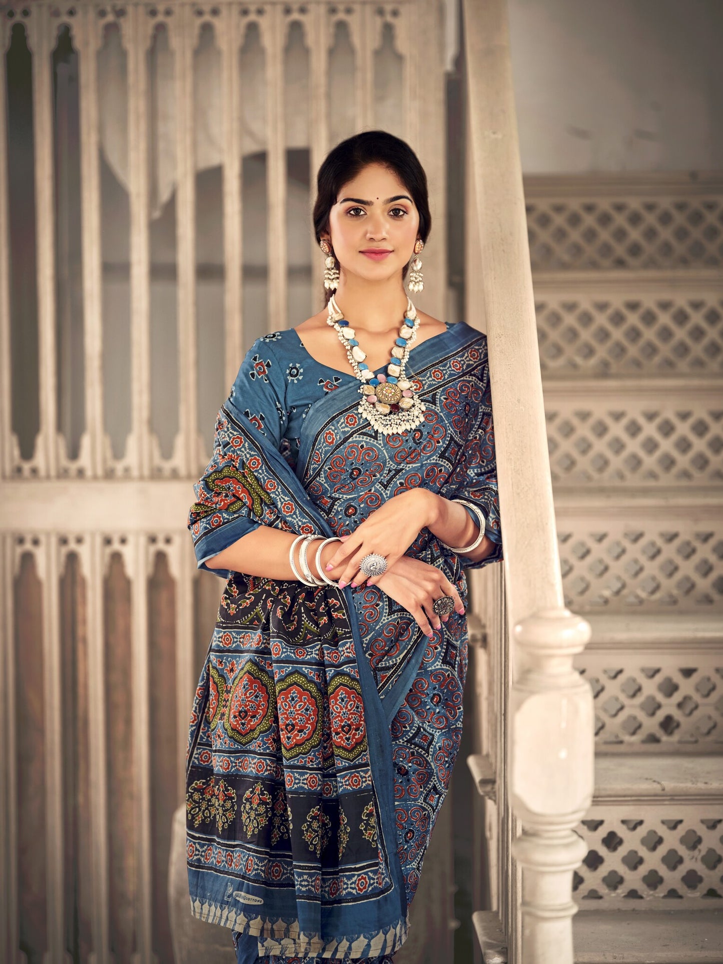 Dharma - Ajrakh Print Pure Mul Cotton Saree With Blouse