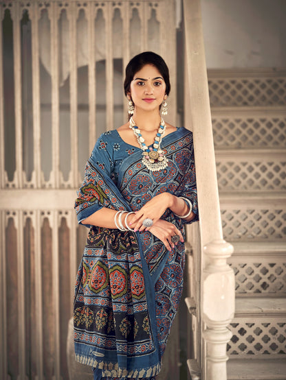 Dharma - Ajrakh Print Pure Mul Cotton Saree With Blouse