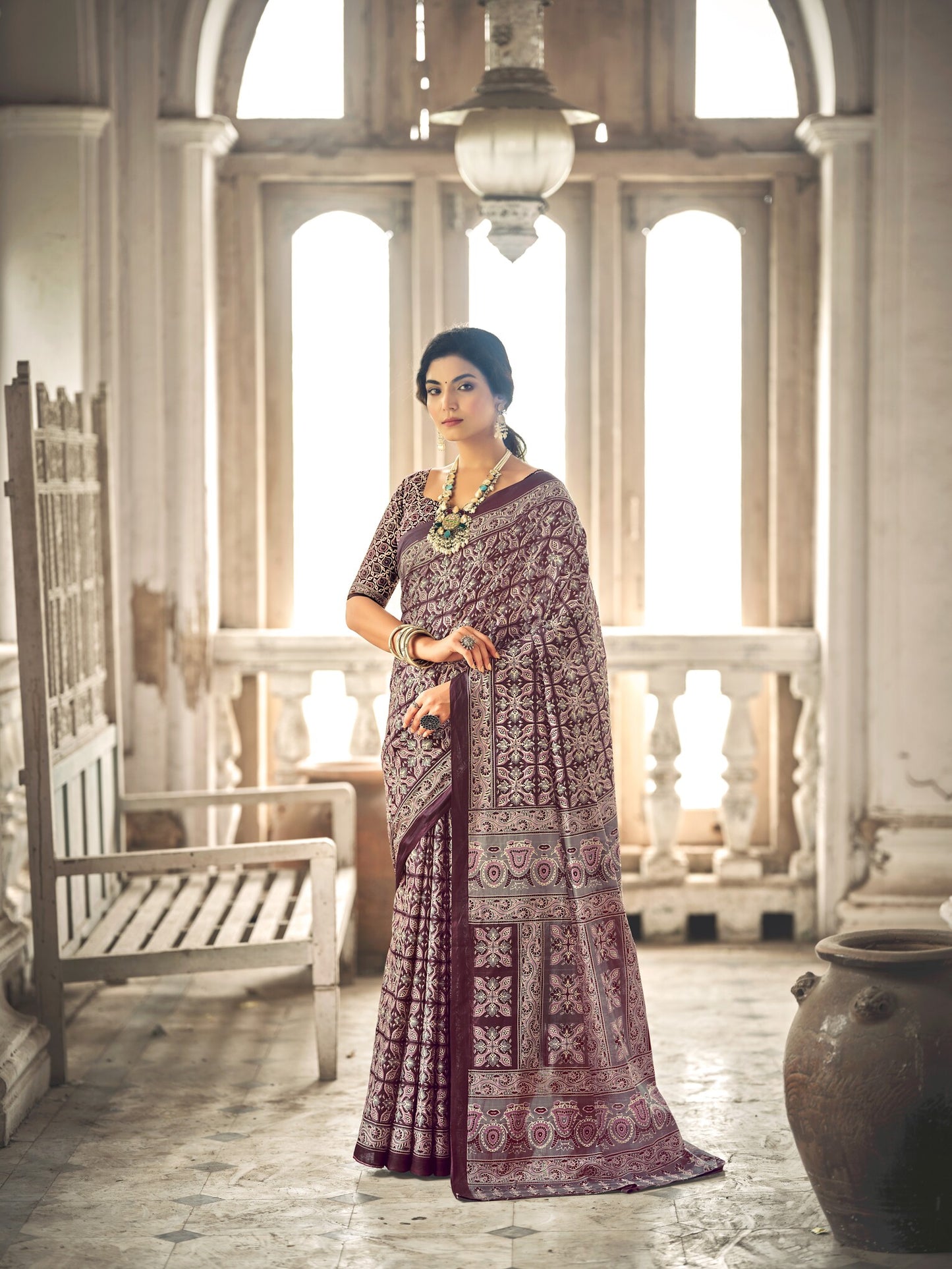 Dharma - Ajrakh Print Pure Mul Cotton Saree With Blouse