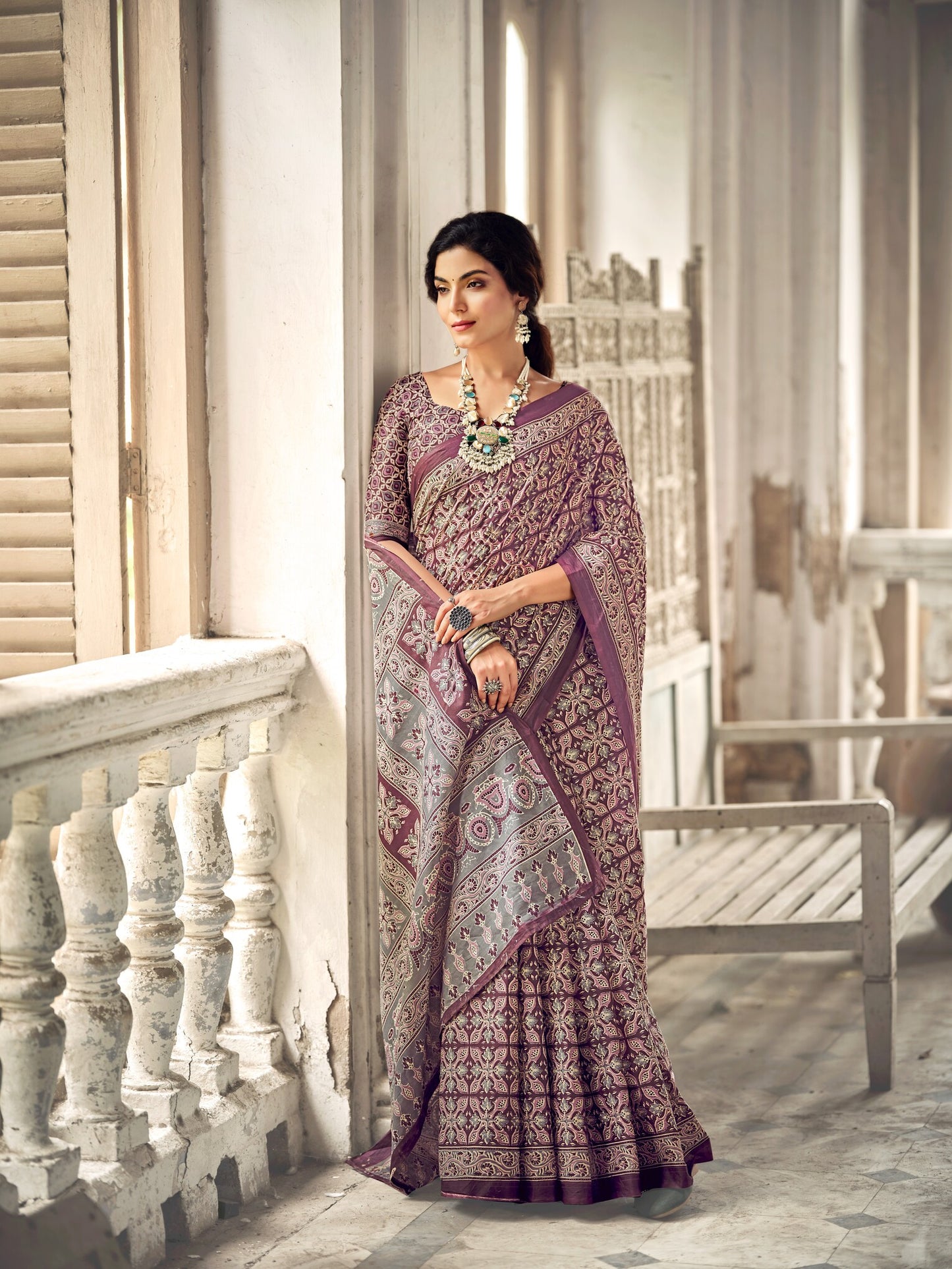 Dharma - Ajrakh Print Pure Mul Cotton Saree With Blouse