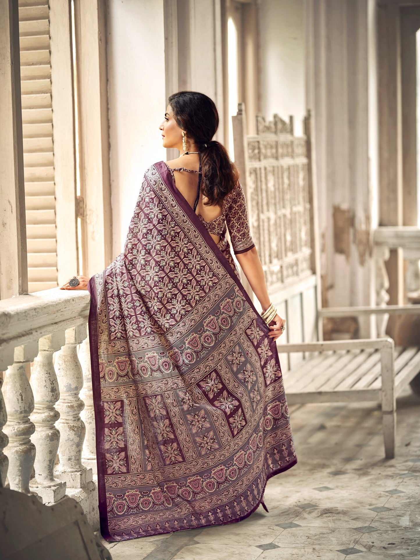 Dharma - Ajrakh Print Pure Mul Cotton Saree With Blouse