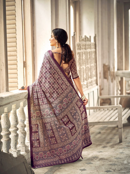 Dharma - Ajrakh Print Pure Mul Cotton Saree With Blouse