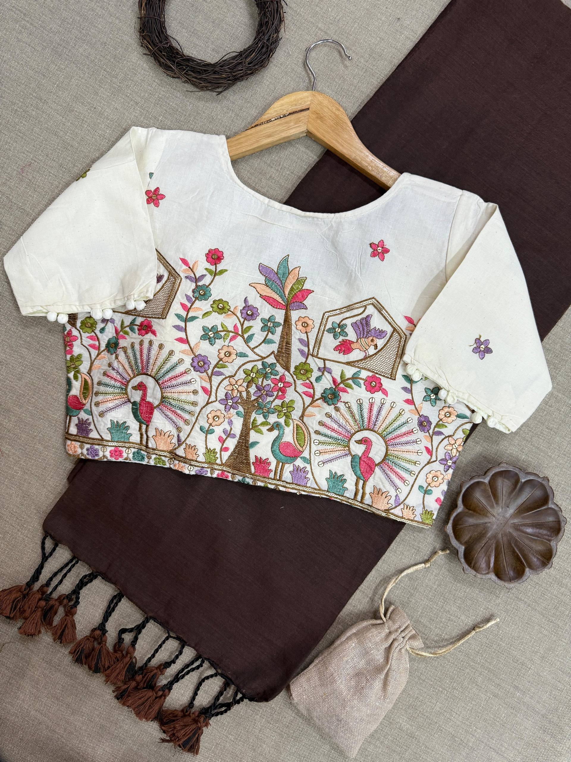 Pure Handloom Cotton Saree With Stitched Embroidery Blouse