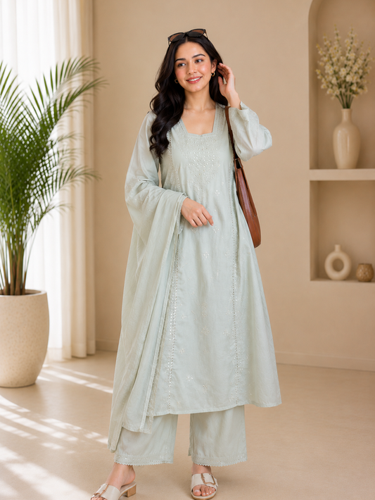 Catchy Light Sage Roman Silk Embroidered Suit Set