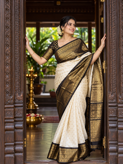 Beautiful Off-White Woven Soft Banarasi Silk Saree with Black and Gold Zari Border