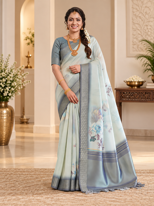 Premium Gray Soft Tissue Silk Saree with Floral Digital Prints