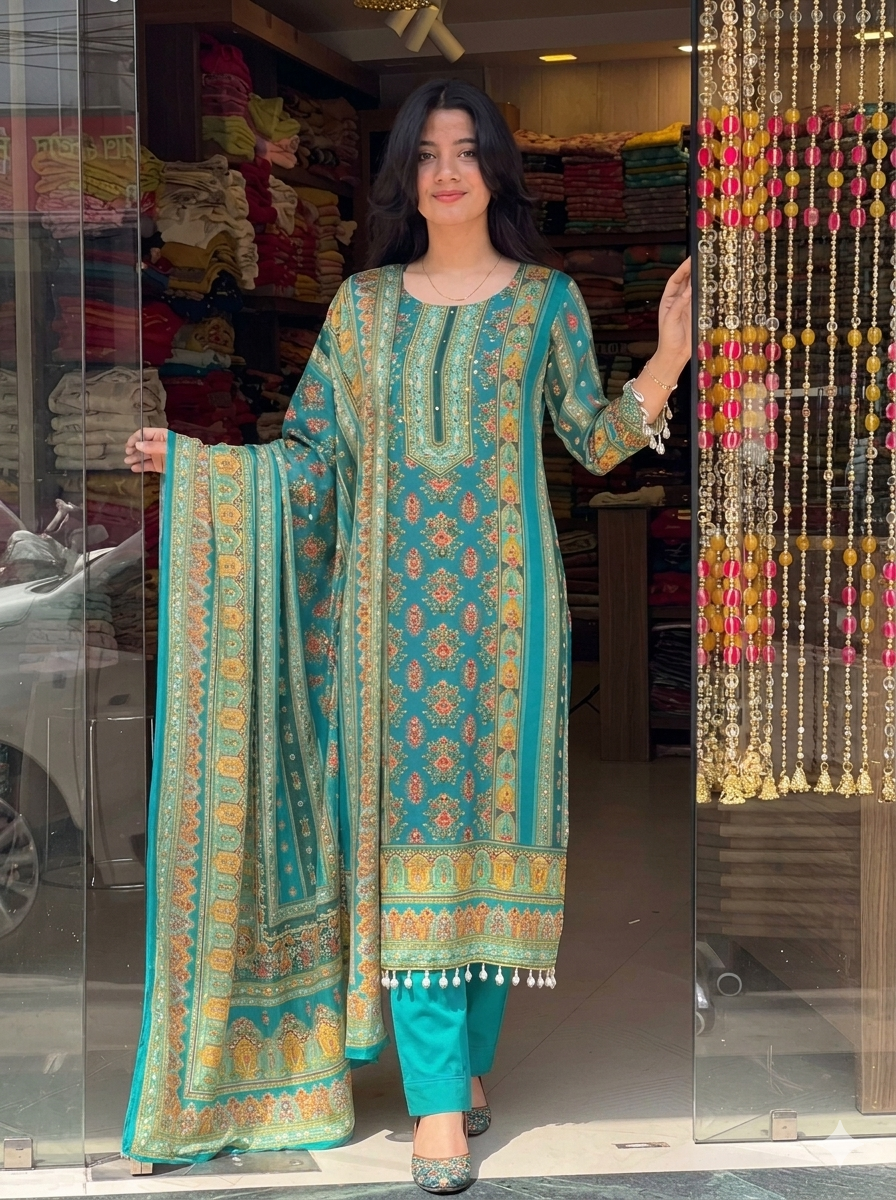 Elegant Teal Printed Chinon Suit Set with Fancy Mirror Work