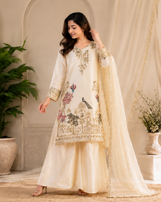 Very Beautiful Cream Fendy Silk Suit Set with Peacock Sequins Embroidery