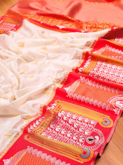 White & Red Soft Banarasi Silk Saree With Zari Weaving Work
