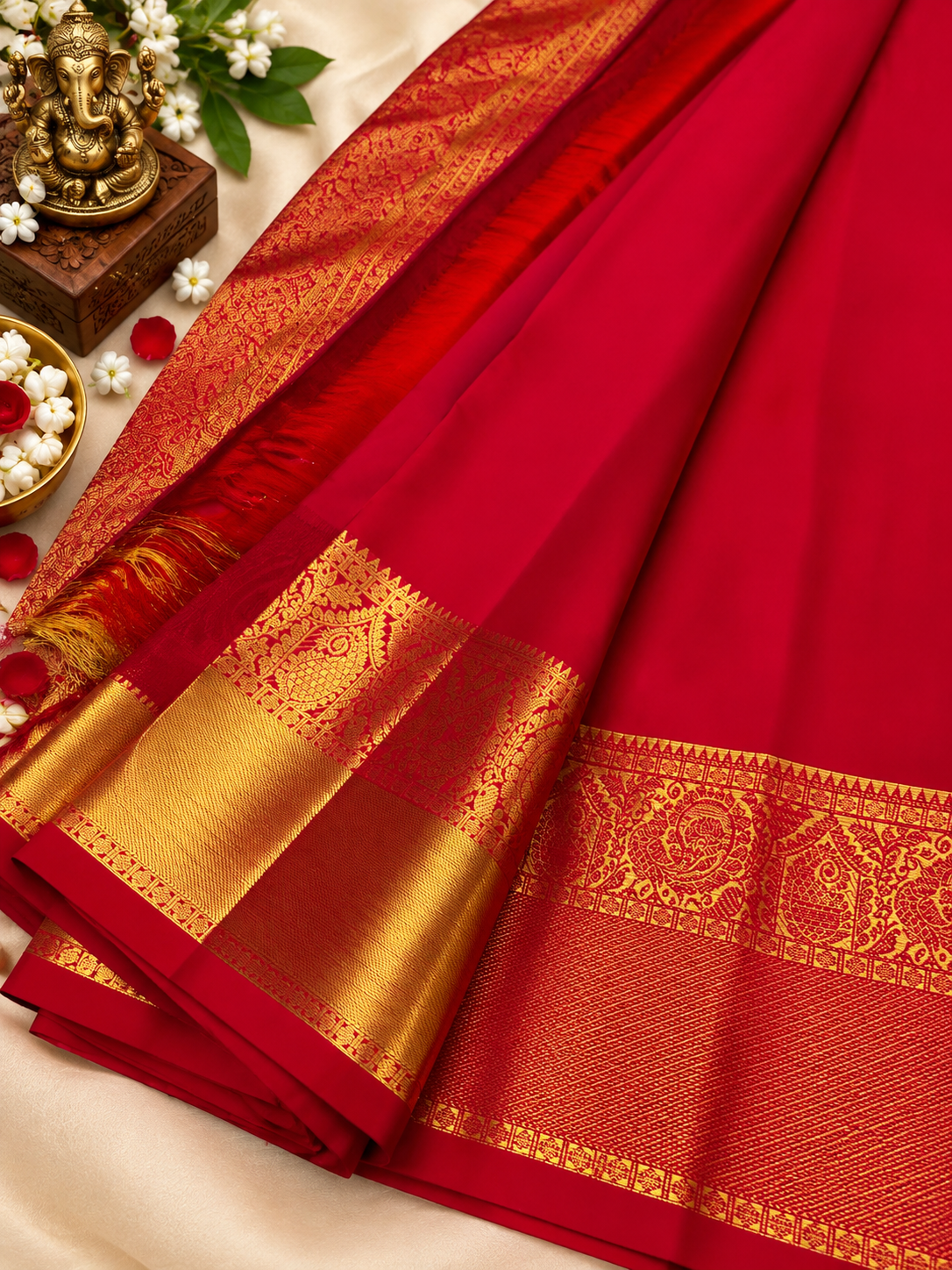 Beautiful Red Handwoven Soft Banarasi Silk Saree with Traditional Peacock Border
