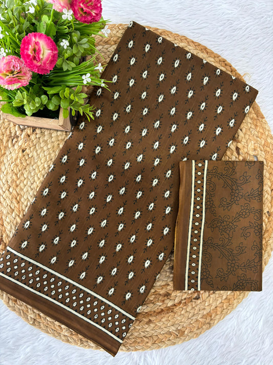 Dharma - Coffee Bagru Handblock Print Pure Mul Cotton Saree With Blouse