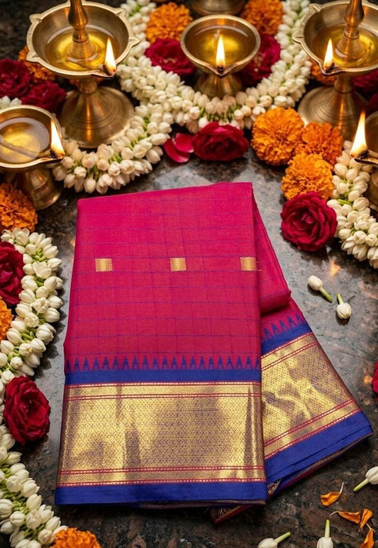 Exclusive Pink & Blue Chex Woven Cotton Silk Saree With Gold Zari Waving Work