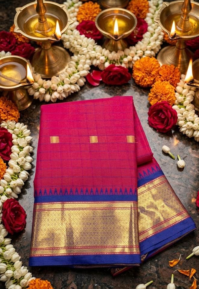 Exclusive Pink & Blue Chex Woven Cotton Silk Saree With Gold Zari Waving Work