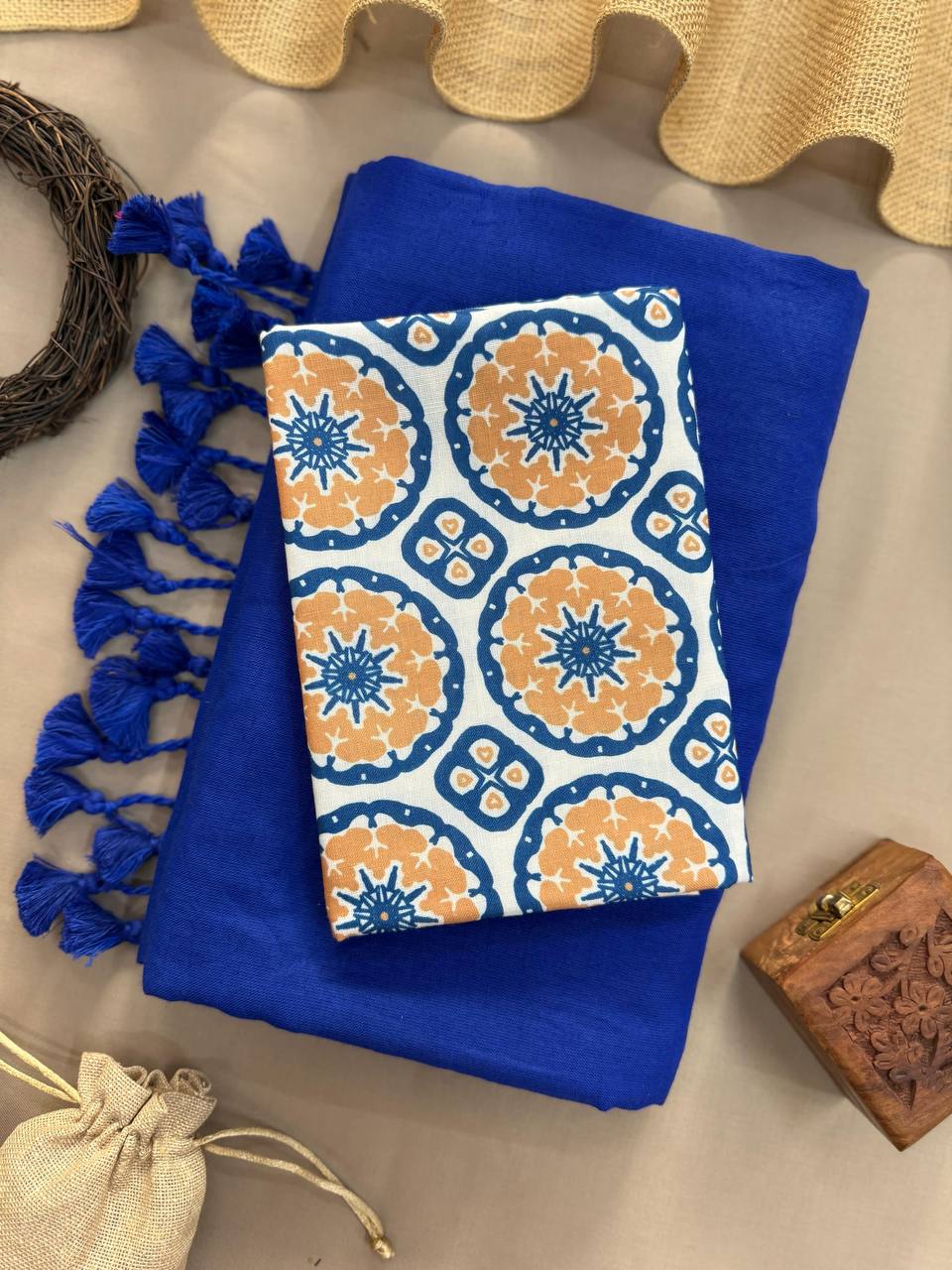 Blue Handloom Cotton Saree With Blue Tassels & Round Printed Blouse