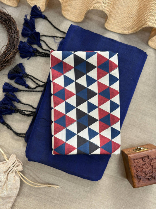 ANGELICA - NAVY BLUE HANDLOOM COTTON SAREE WITH PRINTED BLOUSE