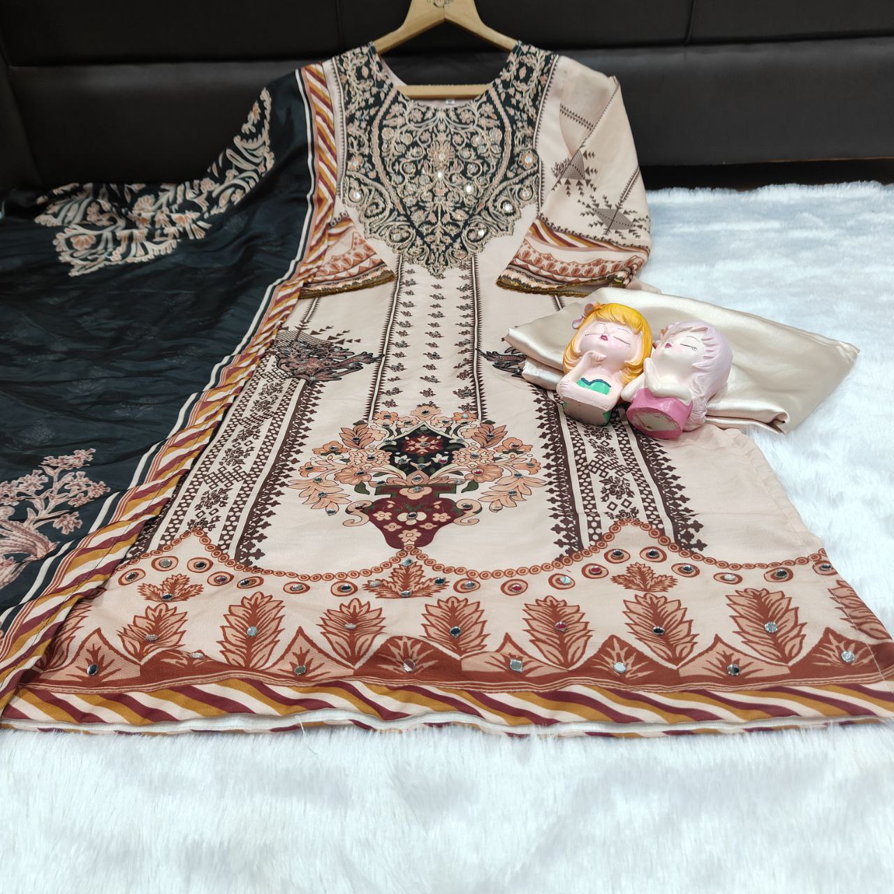 Dazzling Beige & Black Printed Pure Muslin Suit Set with Real Mirror Work
