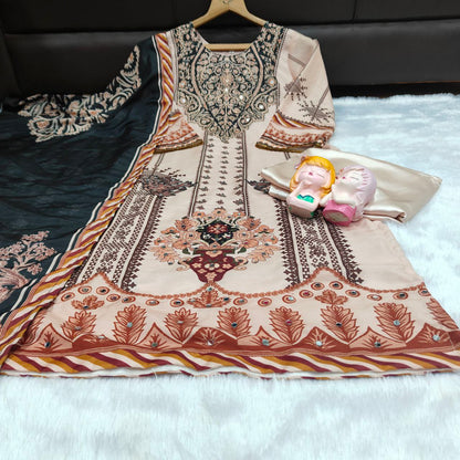 Dazzling Beige & Black Printed Pure Muslin Suit Set with Real Mirror Work