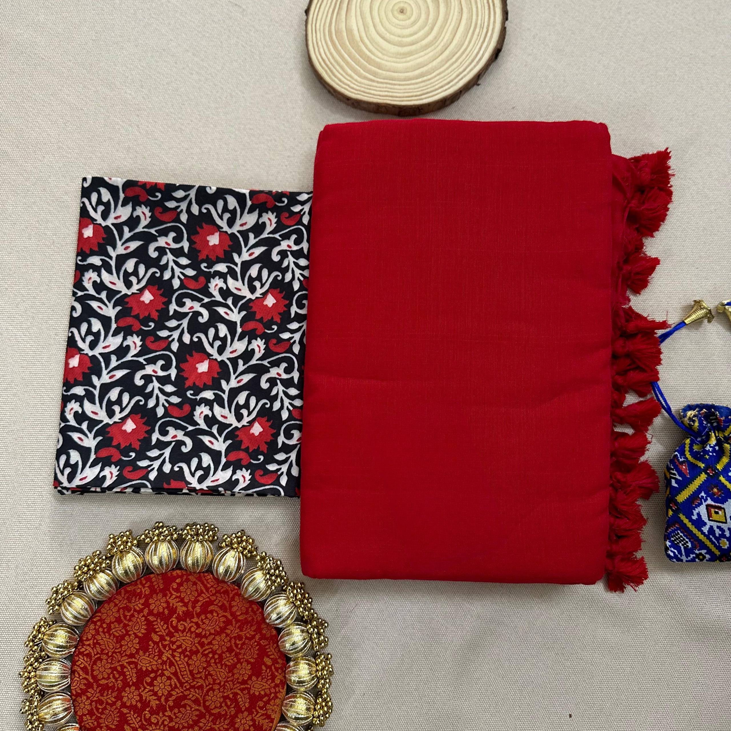 Slavia - Red Handloom Cotton Saree With Traditional Printed Blouse