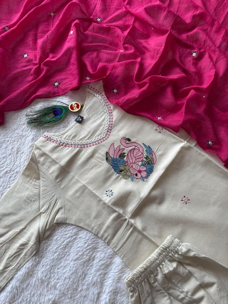 Elegant Off-White Pure Khadi Cotton Embroidered Suit Set with Rani Pink Dupatta