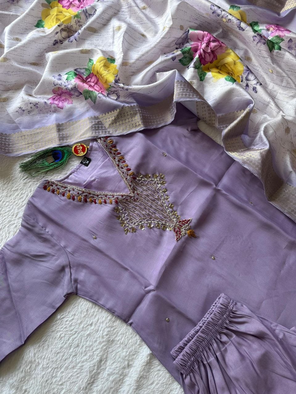 Elegant Lavender Premium Mul Chanderi Hand-Work Suit Set with Floral Dupatta