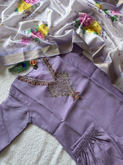 Elegant Lavender Premium Mul Chanderi Hand-Work Suit Set with Floral Dupatta