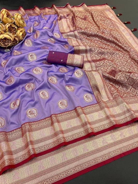 Traditional Lavender Silk Saree With Royal Red Zari Border For Women