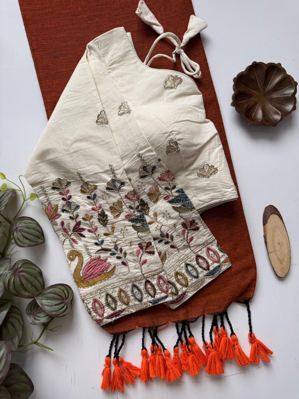 Dharma Exclusive - Orange Handloom Cotton Saree With Havy Embroidery Stitched Blouse