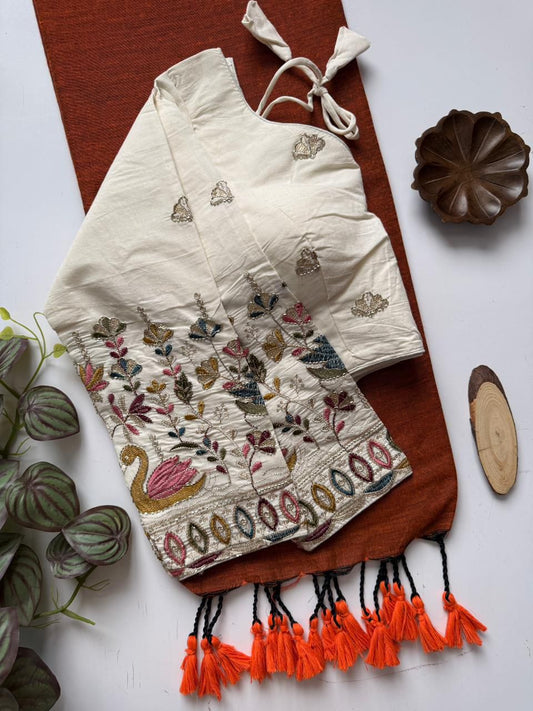 Dharma Exclusive - Orange Handloom Cotton Saree With Havy Embroidery Stitched Blouse