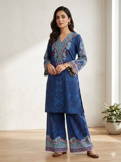 Designer Royal Blue Printed Crepe Silk Co-ord Set With Yoke Tassels