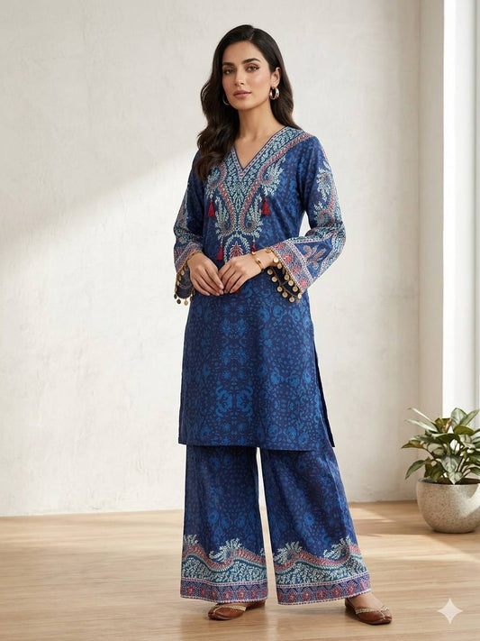 Designer Royal Blue Printed Crepe Silk Co-ord Set With Yoke Tassels