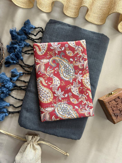 Grey Handloom Cotton Saree With Leaf Printed Blouse