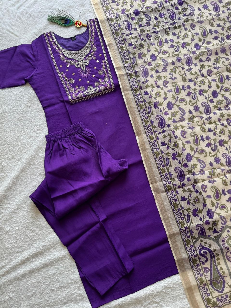 Premium Roman Silk Embroidered Suit Set with Kalamkari Dupatta