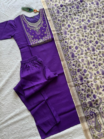 Premium Roman Silk Embroidered Suit Set with Kalamkari Dupatta