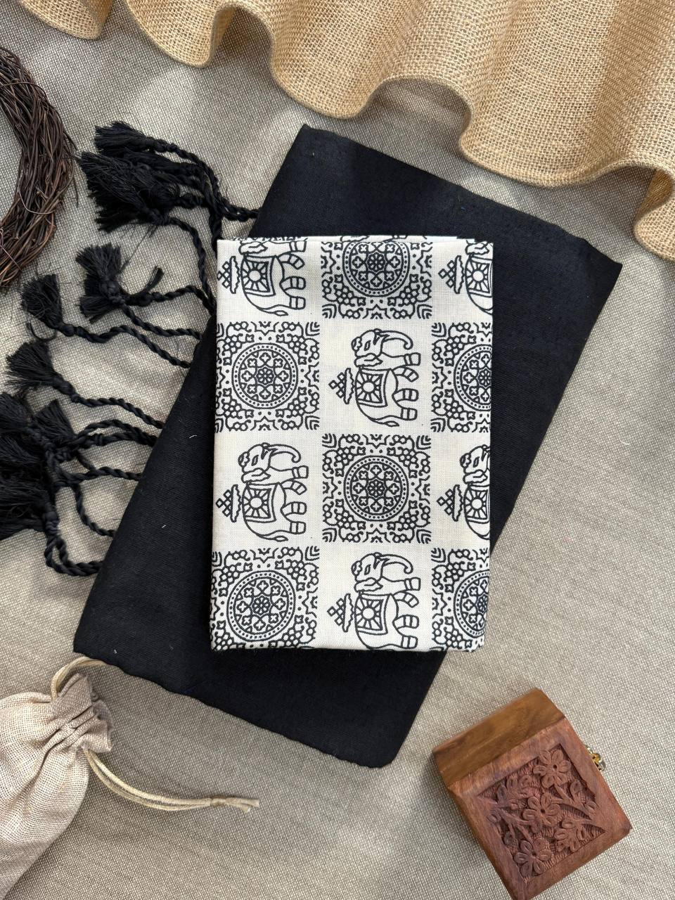 AWSOME - BLACK HANDLOOM COTTON SAREE WITH PRINTED BLOUSE