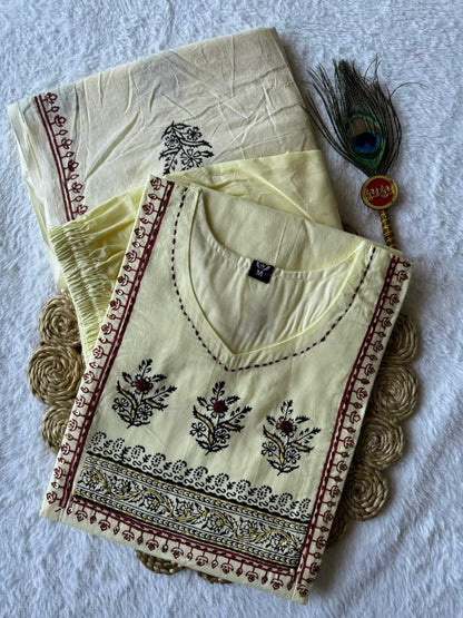 Ivory Cream Pure Cotton Hand Block Print Kurta Pant Set