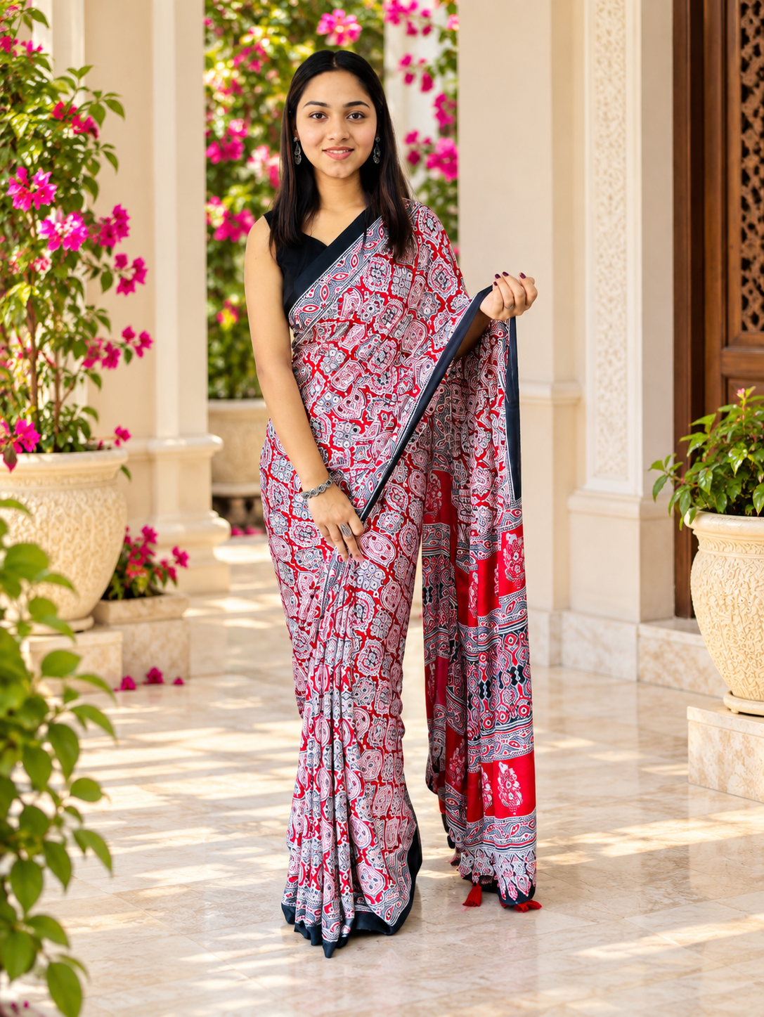 Charming Red Semi Gajji Silk Ajrakh Print Saree with Real Mirror Work