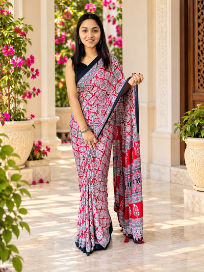 Charming Red Semi Gajji Silk Ajrakh Print Saree with Real Mirror Work